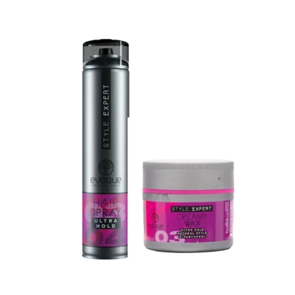 evoque-hair-wax-pack-and-hair-styling-spray-ultra-hold-model پک واکس مو و اسپری حالت دهنده مو ایووک مدل Ultra Hold