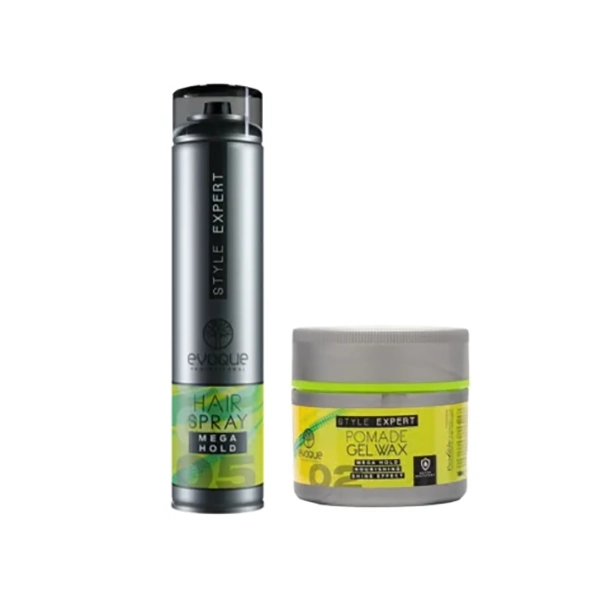 evoque-mega-hold-model-hair-wax-pack-and-hair-styling-spray پک واکس مو و اسپری حالت دهنده مو ایووک مدل MEGA HOLD